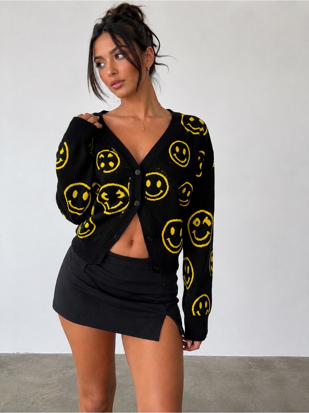 Black Smiley Button-Down Cardigan – Yellow Smiley Print